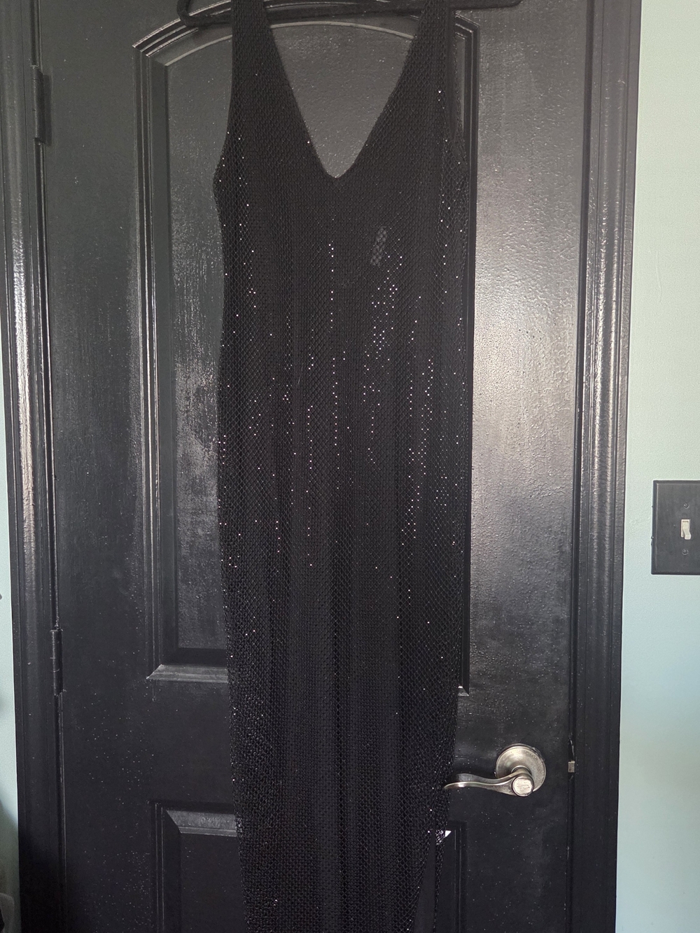 SLA Gigi Diamantรฉ Midi Black Sequin Mesh V-Neck Dress